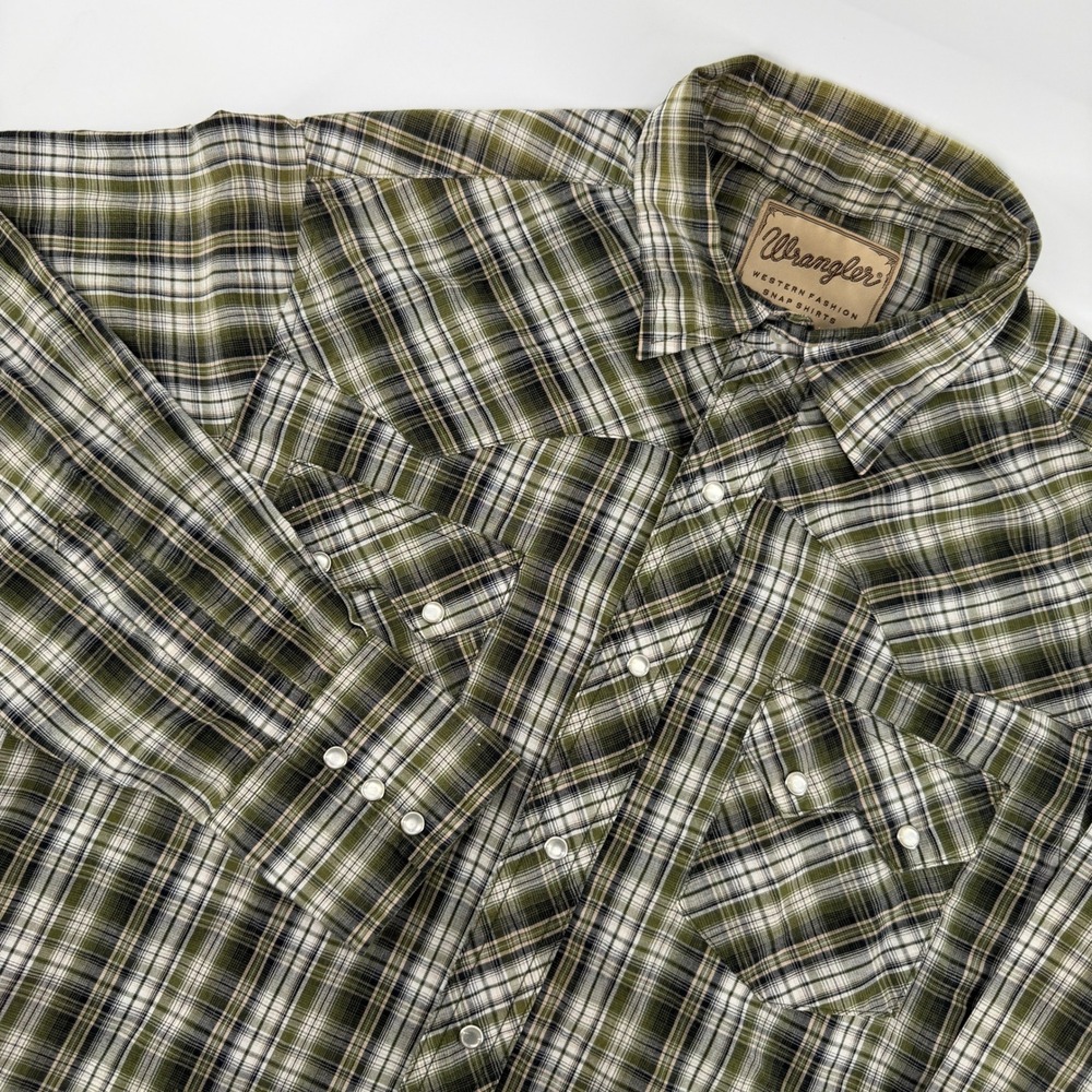 Wrangler Western Snap Shirt Mens Medium Green Plaid Pearl Snap Yoke Rodeo Cowboy